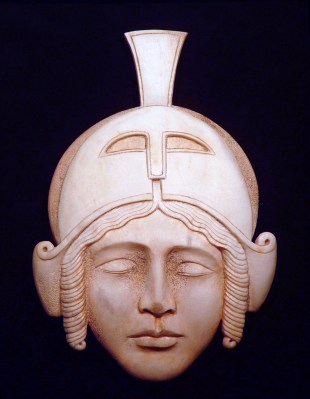 'Roman Helmet' (carved and coloured moose antler) by Maureen Morris