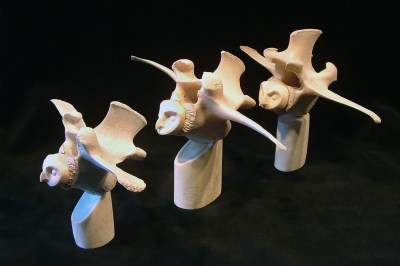 'Three Vertebrae Owls' (carved antler and bone) by Maureen Morris