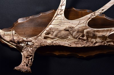 'Borzois and the Fox' (carved and stained moose antler and wood) by Dmitry Gorodetsky