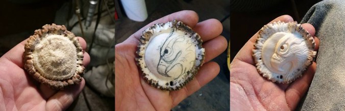 Jack Brown carves an eagle head on an antler burr (pedicle)