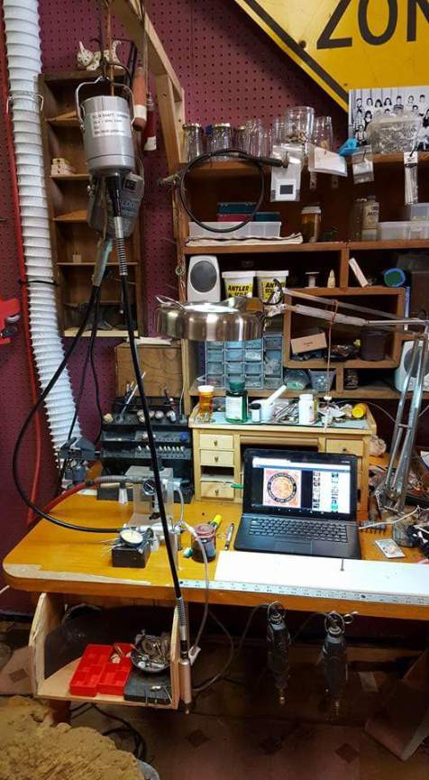 Jack Brown's new workstation, showing this laptop, Foredom, Dremels and air grinder.